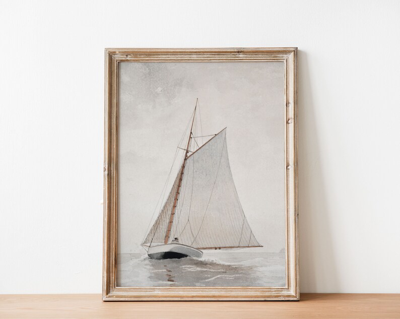 European Vintage Sailboat Wall Art Print, Rustic Coastal Boat in Sea ...