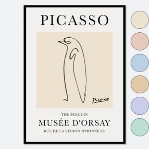 Könnte beinhalten: Ein gerahmter Kunstdruck mit einer schwarzen Strichzeichnung eines Pinguins auf beigem Hintergrund. Der Text lautet PICASSO, THE PENGUIN, MUSÉE D'ORSAY, RUE DE LA LÉGION D'HONNEUR sowie eine Signatur. Sechs farbige Kreise sind rechts vertikal angeordnet.