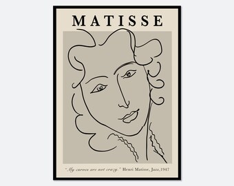 Henri Matisse Woman Portrait One Line Art Vintage Poster Wall Art Print | Neutral Muted Lithograph Drawing, Minimalist Girl Face Sketch M89