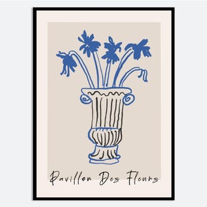 Impresión artística de pared con dibujo lineal de flores azules en un jarrón / Ilustración floral de primavera y verano dibujada a mano, póster estético moderno contemporáneo MA70