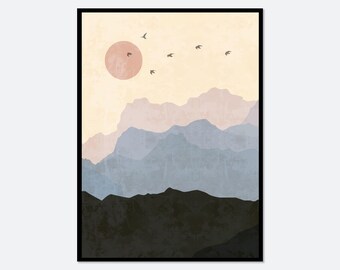 Abstract Landscape Mountains Boho Art Print | Mid Century Modern Print, Boho Wall Decor, Boho Art Print, Sunset Art, Sunrise Art #AL02