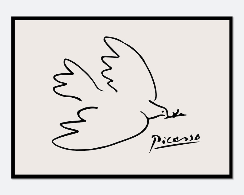 May include: A black and white line drawing of a dove carrying an olive branch in its beak. The drawing is signed "Picasso" in the lower right corner.