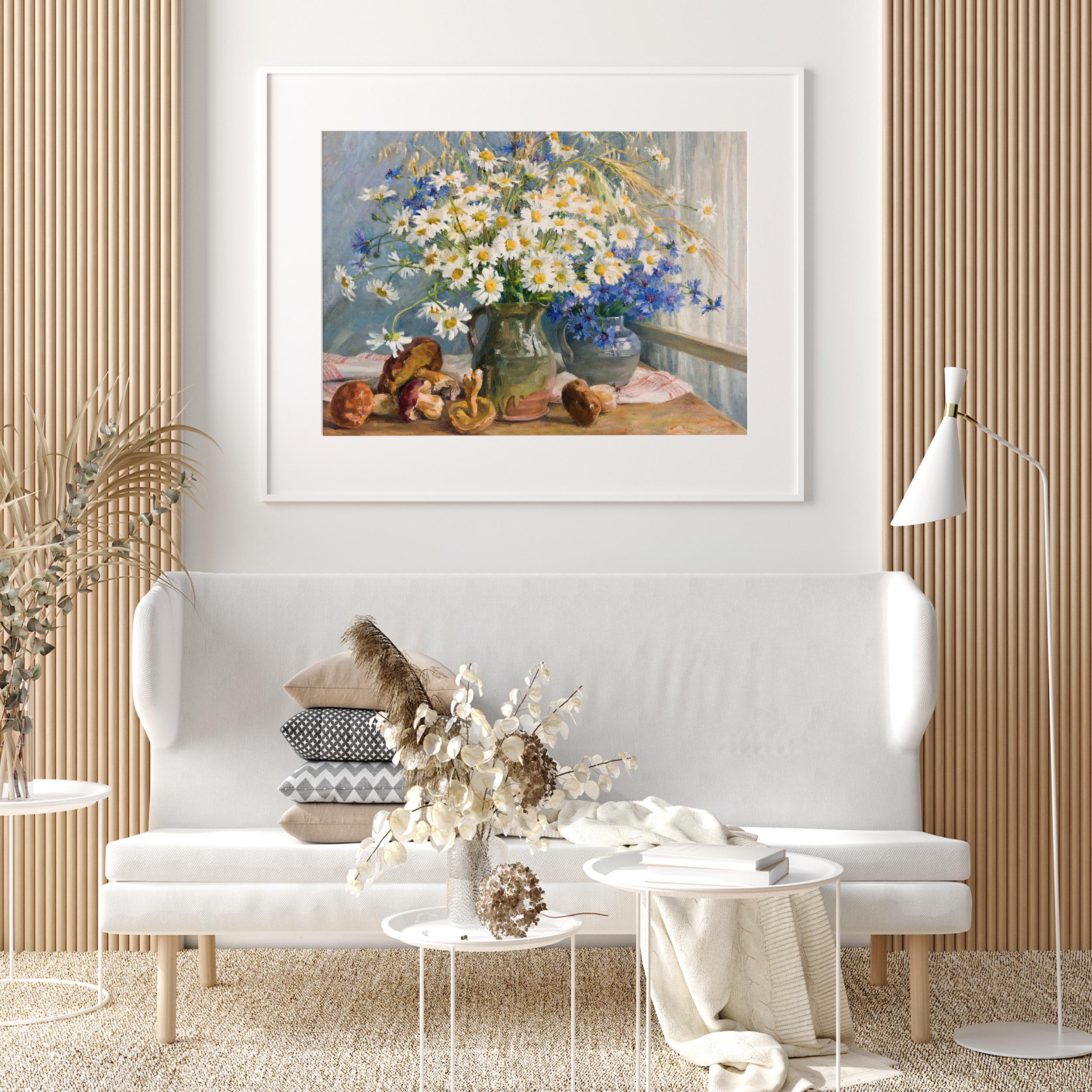 ヴィンテージ ホワイト ブルー デイジー 花瓶に入った花 静物画