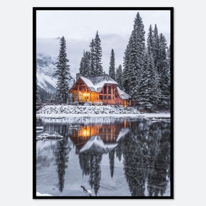 Christmas Print Winter Cabin Cottage By Lake Art Print | Snow Covered Forest, Winter Photography, Christmas Wall Art, Farmhouse Print #WS01