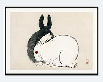 Vintage Japanese Rabbits Art Print, Antique Rabbit Painting