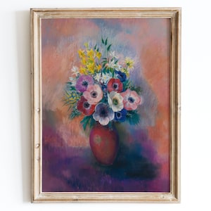 Lámina artística vintage europea de flores coloridas en un jarrón, pintura al óleo de bodegón, póster vintage colorido, Odilon Redon, Jarrón de anémonas OR13