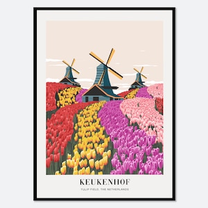 Tulip Field Keukenhof Gardens Netherlands Colorful Boho Art Print | Landscape Illustration, Flowers Print, Floral Print, Travel Poster #TA07