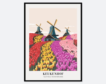 Tulip Field Keukenhof Gardens Netherlands Colorful Boho Art Print | Landscape Illustration, Flowers Print, Floral Print, Travel Poster #TA07