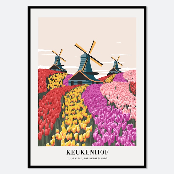 Tulip Field Keukenhof Gardens Netherlands Colorful Boho Art Print | Landscape Illustration, Flowers Print, Floral Print, Travel Poster #TA07