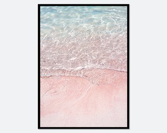 Pink Beach Ocean Waves Tropical Summer Art Print | Nature Photography, Pastel Pink, Landscape,Scandinavian Wall Decor,Boho Wall Decor #S188