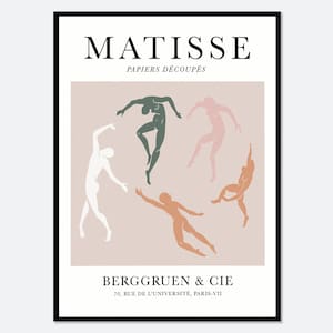 May include: A framed art print featuring the text MATISSE PAPIERS DÉCOUPÉS at the top and BERGGRUEN & CIE 70, RUE DE L'UNIVERSITÉ, PARIS-VII at the bottom. The centre displays five abstract human figures in white, dark green, and orange.