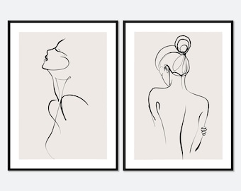Set of 2 One Line Modern Girl Silhouette Line Art Print Set | Single Line Figure Art Print, Minimalist Line Art, Woman Line Art, Boho Art