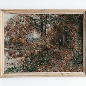 Rustic European Vintage Autumn Lake Landscape Oil Painting Wall Art Print, Neutral Poster, Farmhouse Antique Dark Moody Art VP51