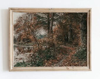 Impresión de pintura al óleo de paisaje lacustre otoñal vintage, arte mural de casa de campo melancólica