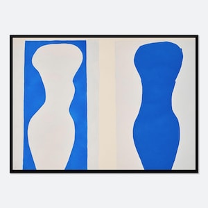 May include: Abstract art print featuring two stylized figures, one white and one blue, against a white and blue background.