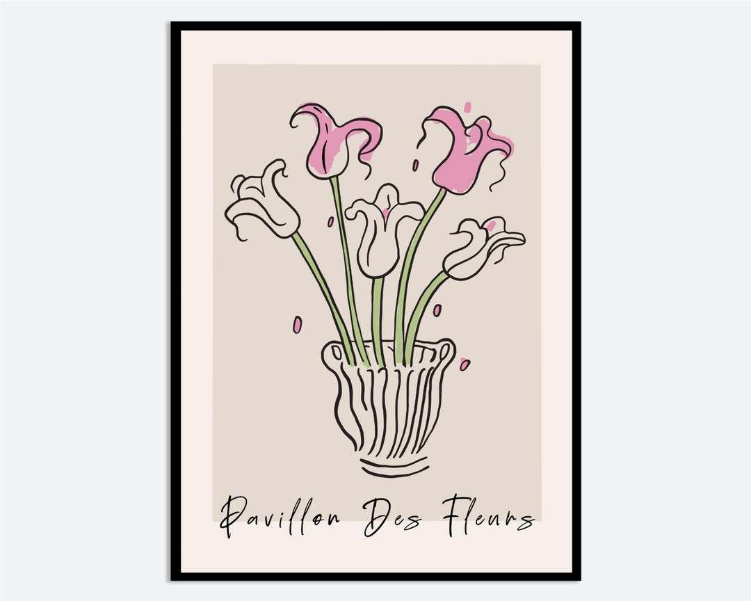 Pink Tulip Line Art Print | Modern Floral Vase Illustration - Etsy