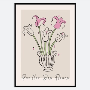 Impresión artística de pared con dibujo lineal de tulipán rosa en jarrón / Ilustración floral de primavera y verano dibujada a mano, póster estético moderno contemporáneo MA69