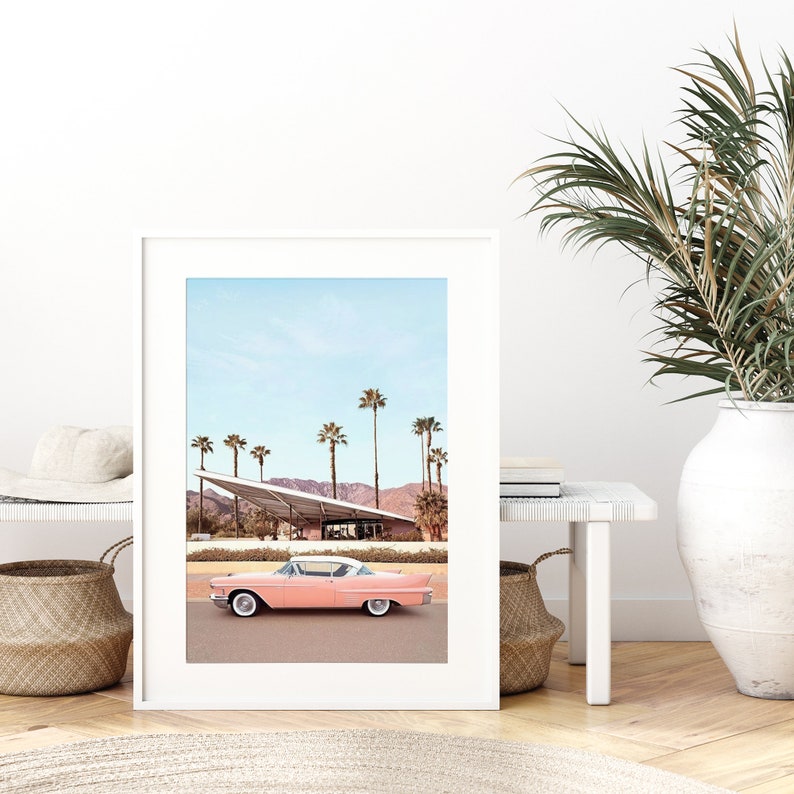 Vintage Pink Car California Summer Art Print Tropical Wall image 2