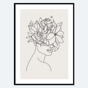 Single Line Woman Head of Flowers Line Art Print | One Line Drawing Face Art, Minimalist Art, Continuous Line Drawing, Botanical Art #LA20
