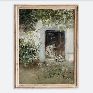 Könnte beinhalten: Ein Gemälde einer Frau in einem weißen Kleid, die in einer Tür mit einem Blumenstrauß steht. Die Tür wird von einer weißen Wand und einem grünen Weinstock eingerahmt. Die Frau schaut aus der Tür und der Hintergrund ist verschwommen grün.