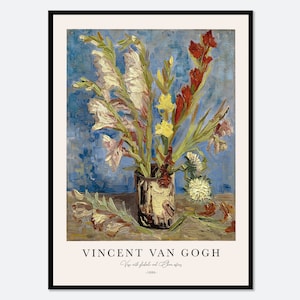 Jarrón con gladiolos y ásteres de porcelana de Vincent Van Gogh, pintura vintage de flores, póster, impresión artística para pared, bodegón floral colorido antiguo V37