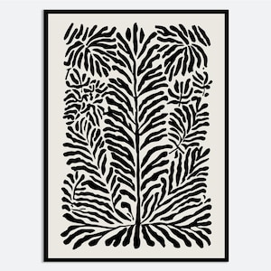 Impresión de arte mural con ilustración de hojas abstractas negras / Póster floral monocromático minimalista, estampado bohemio de vegetación botánica FM136