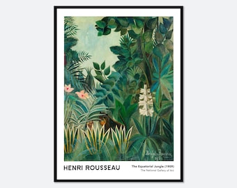 May include: A framed art print of Henri Rousseau's The Equatorial Jungle, 1909. The painting depicts a dense, lush green jungle scene with large tropical leaves, pink flowers, a tall white floral spike, and a dark animal partially hidden in foliage.