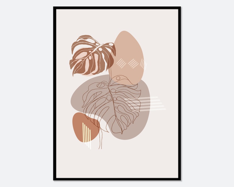 May include: Abstract art print featuring brown and beige leaves with geometric shapes and lines on a light beige background.