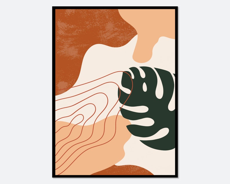 May include: Abstract art print featuring a green leaf with brown and peach colored shapes and lines.