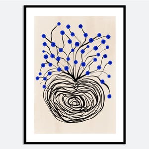 Impresión de arte de pared botánico con flores azules coloridas en jarrón abstracto, póster de flores, decoración de pared con naturaleza muerta floral, arte lineal abstracto FM122