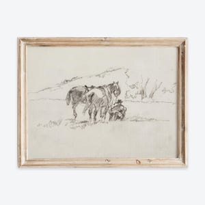 Impresión de arte de pared con dibujo a lápiz de caballos rústicos europeos antiguos en la naturaleza, póster de retrato de animal, decoración minimalista de granja antigua VP246