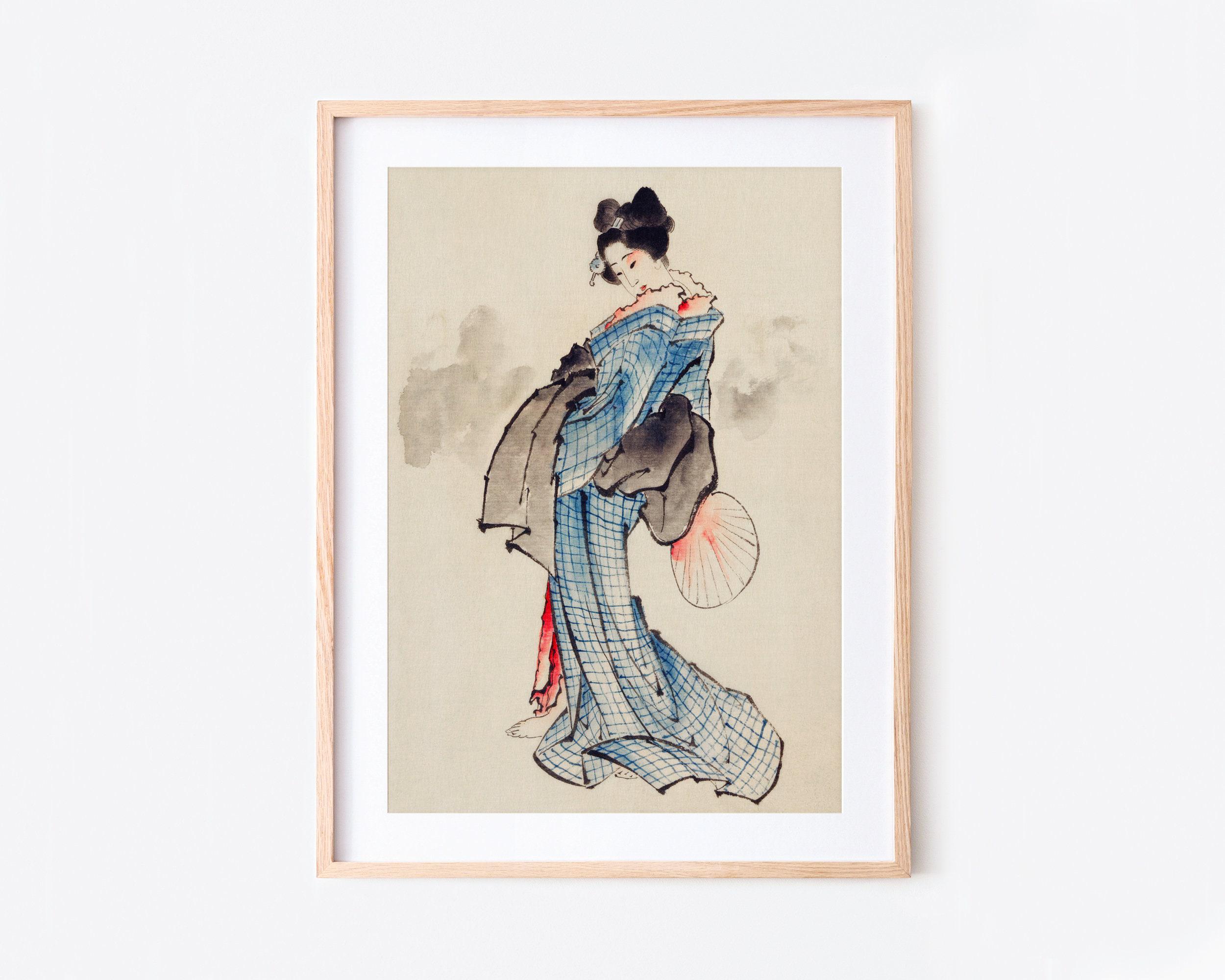 掛軸 着物を着た女性の絵 葛飾北斎 着物を着た女性の全身肖像画 ヴィンテージ日本の木版画