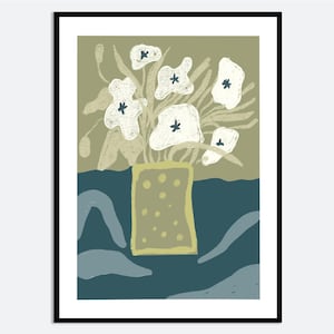 Impresión artística de pared con flores blancas en jarrón verde / Bodegón floral abstracto dibujado a mano, póster botánico estético moderno contemporáneo MA98