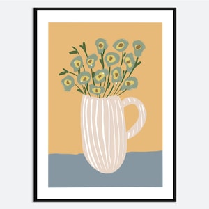 Impresión de arte mural de jarrón a rayas con flores amarillas / Ilustración de primavera y verano dibujada a mano, póster floral estético moderno contemporáneo MA82
