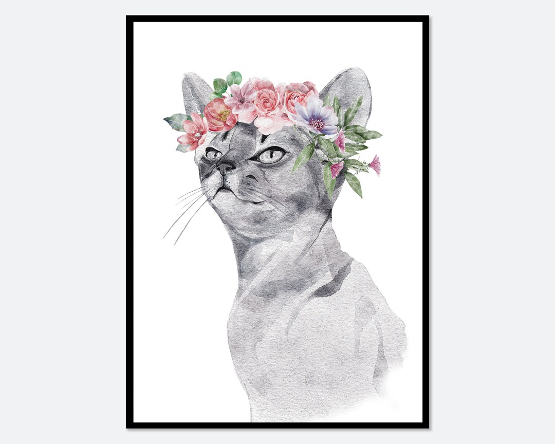 Safari Cat With Pink Flowers Crown Poster Nursery Wall Art Print ...