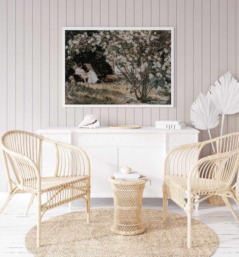 European Vintage Rose Garden Art Print, Rustic Vintage Oil Painting, Neutral French Garden Antique Poster, Peder Severin Krøyer Roses