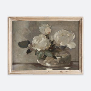 Impresión artística de pared de naturaleza muerta con flores de rosas blancas en jarrón vintage europeo, pintura al óleo rústica oscura, póster de granja floral antiguo de mal humor VP187