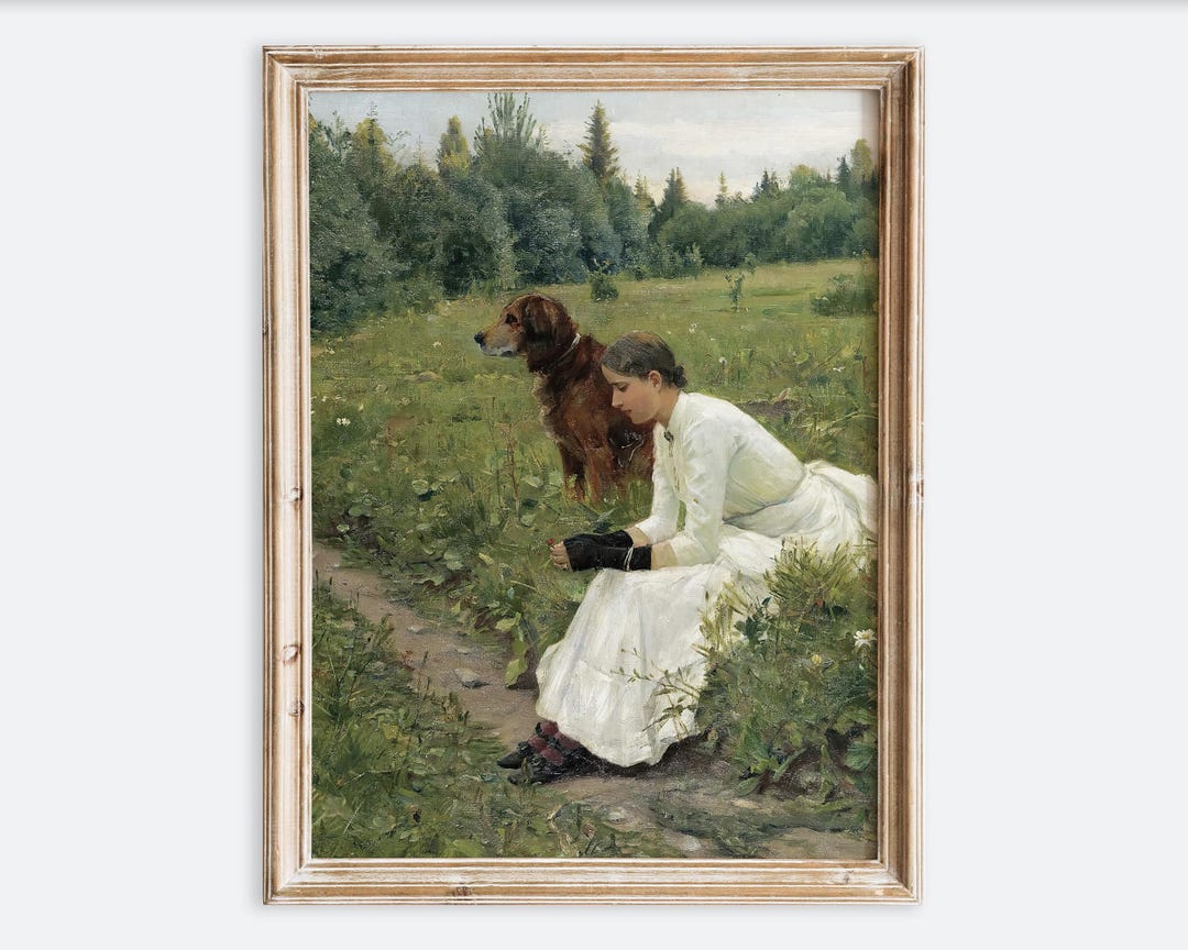Vintage Rustic Girl With Her Dog Portrait Painting Wall Art Print ...