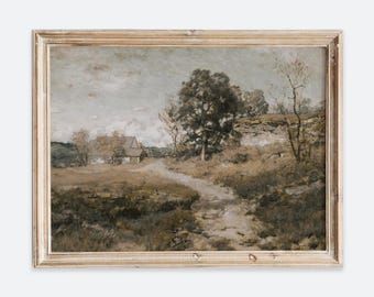 Rustikales Vintage-Ölgemälde im amerikanischen Landhausstil mit von Bäumen gesäumtem Gartenweg, Landschaftsposter, stimmungsvolles antikes Bauernhaus VP198