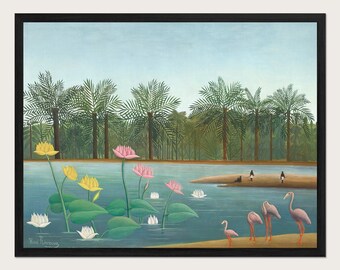 Henri Rousseau The Flamingoes Fine Art Print, Tropical Bird Poster, Palm Tree Landscape Painting, Vintage Botanical Blue Green Wall Art HR17
