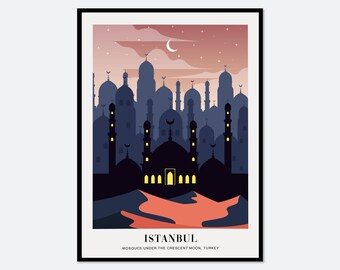 Mosques Istanbul Turkey Islamic Crescent Moon Colorful Boho Art Print | Cityscape Illustration, City Architecture Print, Travel Poster #TA19