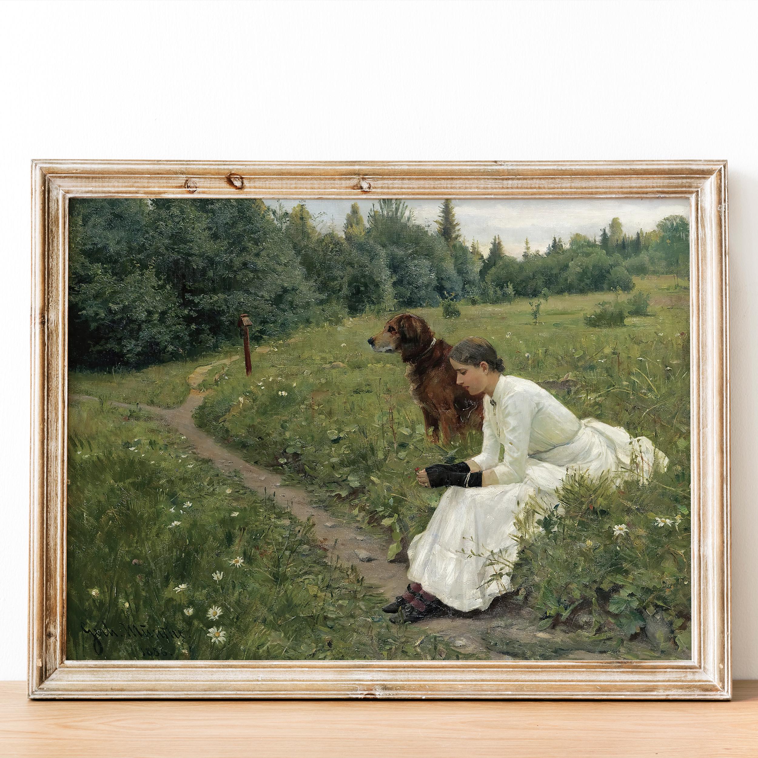 Vintage Rustic Girl With Her Dog Portrait Painting Wall Art Print ...