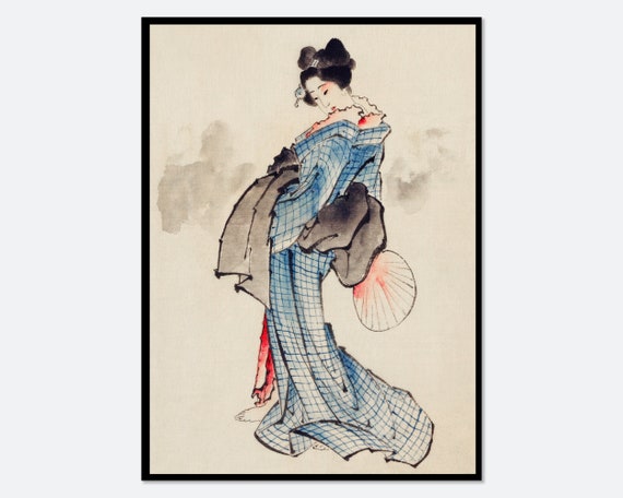葛飾北斎 着物を着た女性の全身肖像画 ヴィンテージ日本の木版画