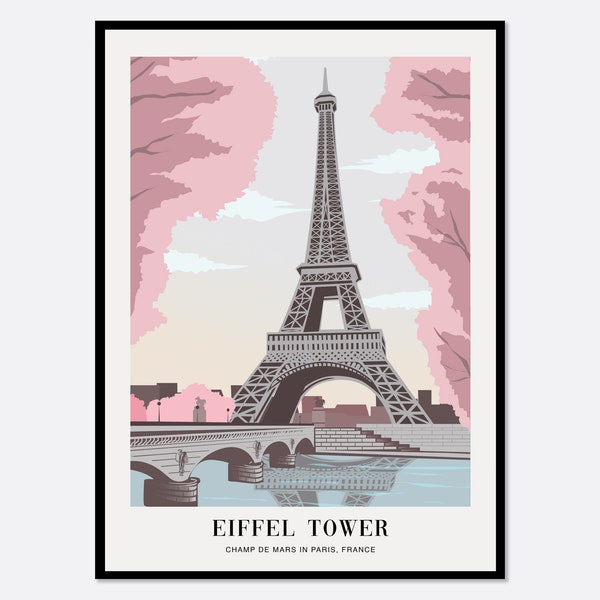 Cherry Blossoms with Eiffel Tower in Paris France Colorful Boho Art Print | Architecture Illustration, Flowers Print, Travel Poster #TA22