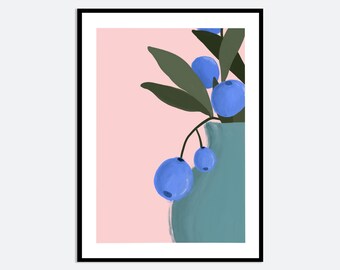 Ramo de arándanos en jarrón. Lámina decorativa de pared con estilo estético / Ilustración botánica contemporánea dibujada a mano, póster primaveral colorido MA25