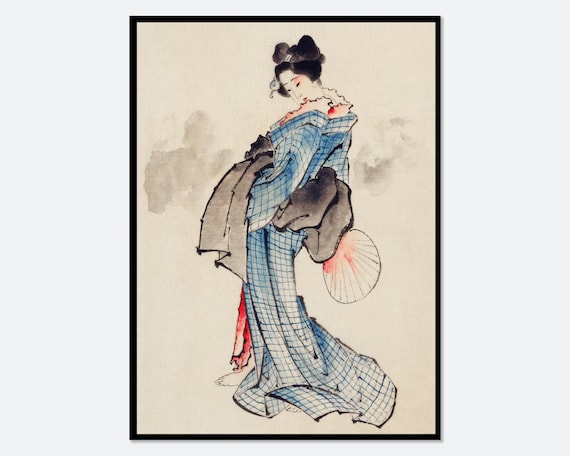 女性の肖像 木版画 葛飾北斎 着物を着た女性の全身肖像画 ヴィンテージ日本の木版画