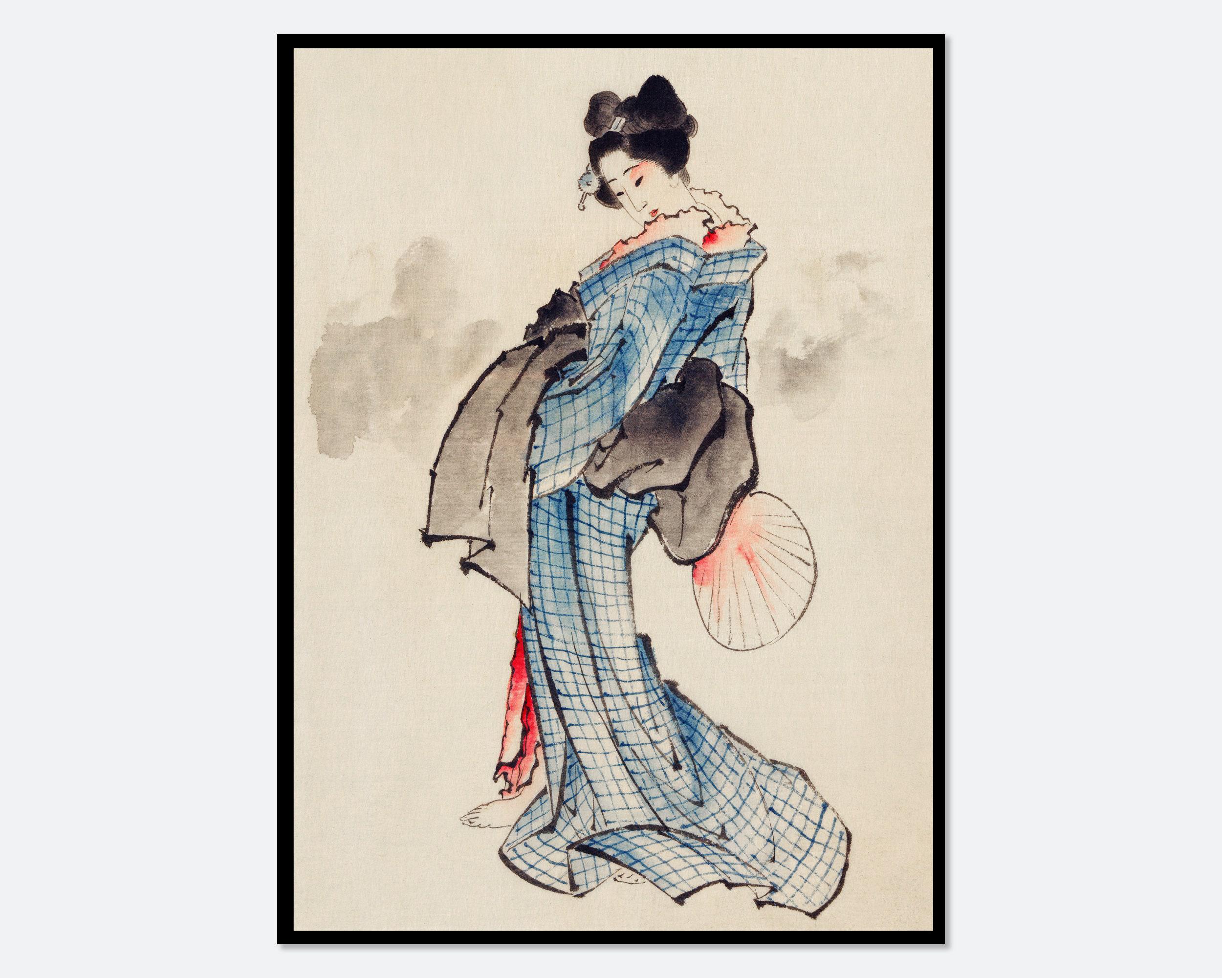 葛飾北斎 着物を着た女性の全身肖像画 ヴィンテージ日本の木版画