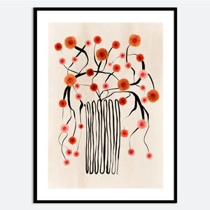 Impresión de arte de pared botánico con flores anaranjadas de colores en un jarrón abstracto, póster de flores, decoración de pared con naturaleza muerta floral, arte lineal abstracto FM124