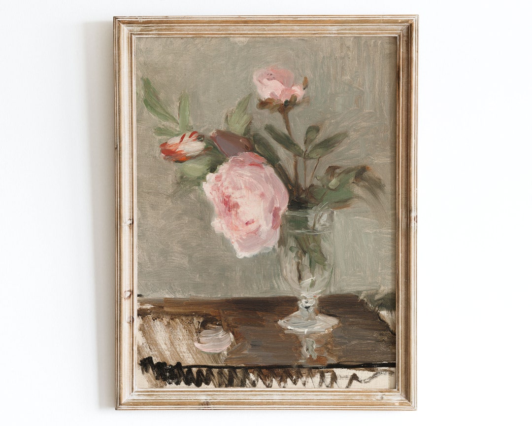 European Vintage Pink Peonies Flowers Still Life Wall Art Print, Rustic ...