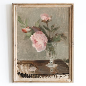 European Vintage Pink Peonies Flowers Still Life Wall Art Print, Rustic Oil Painting Famous Antique Moody Neutral Farmhouse Poster VP52